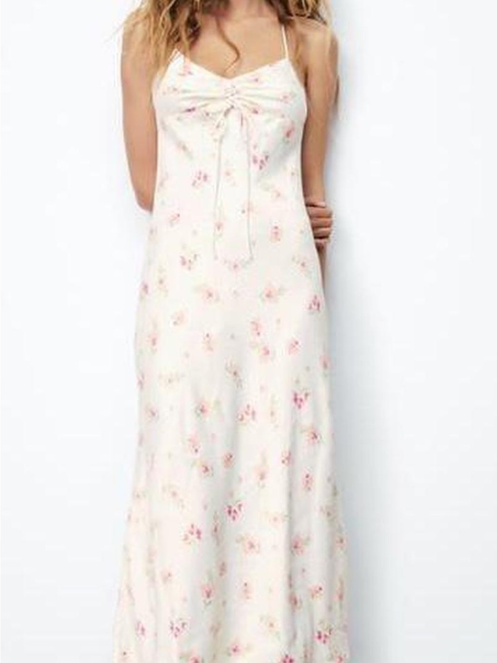 Zara Cream Slip Dress with Pink Floral Print